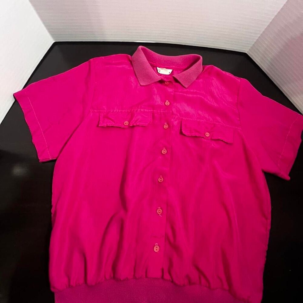Vintage Lauren Lee Hot Pink Short Sleeve Button Up Blouse Banded Waist Pockets